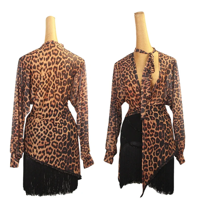 Costume da performance di danza latina da donna con stampa leopardata top a maniche lunghe + gonna corta con nappe sexy set vestito da pratica tango samba