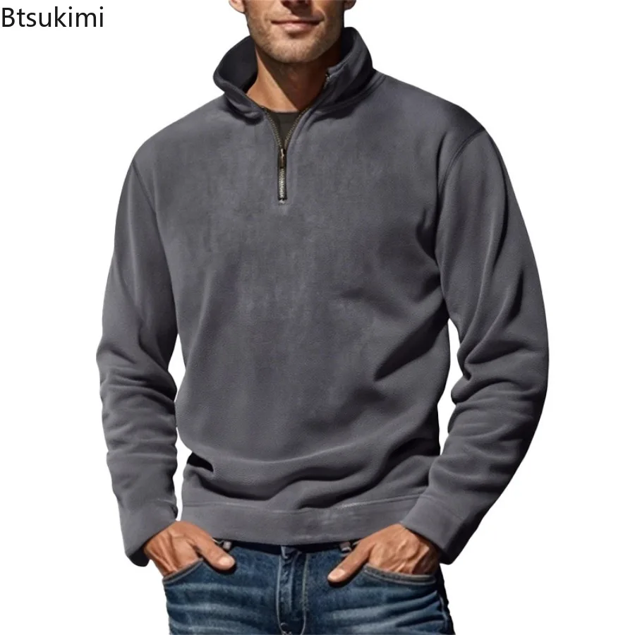 2025 Men's Half Zipper Sweatshirts Solid Long Sleeve Solid Color Pullover Turtleneck Streetwear Winter Warm Jacket Sport Coats