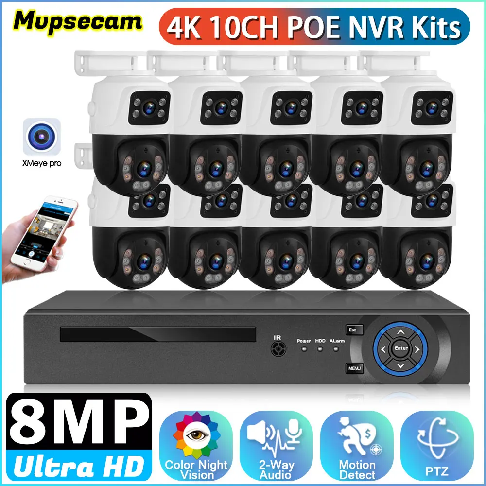 XMeye 스마트 POE 감시 시스템, 야외 듀얼 렌즈, 6MP PTZ POE IP 카메라, CCTV 시스템, 동작 감지, 10CH, 4K, 8MP, POE NVR 키트 