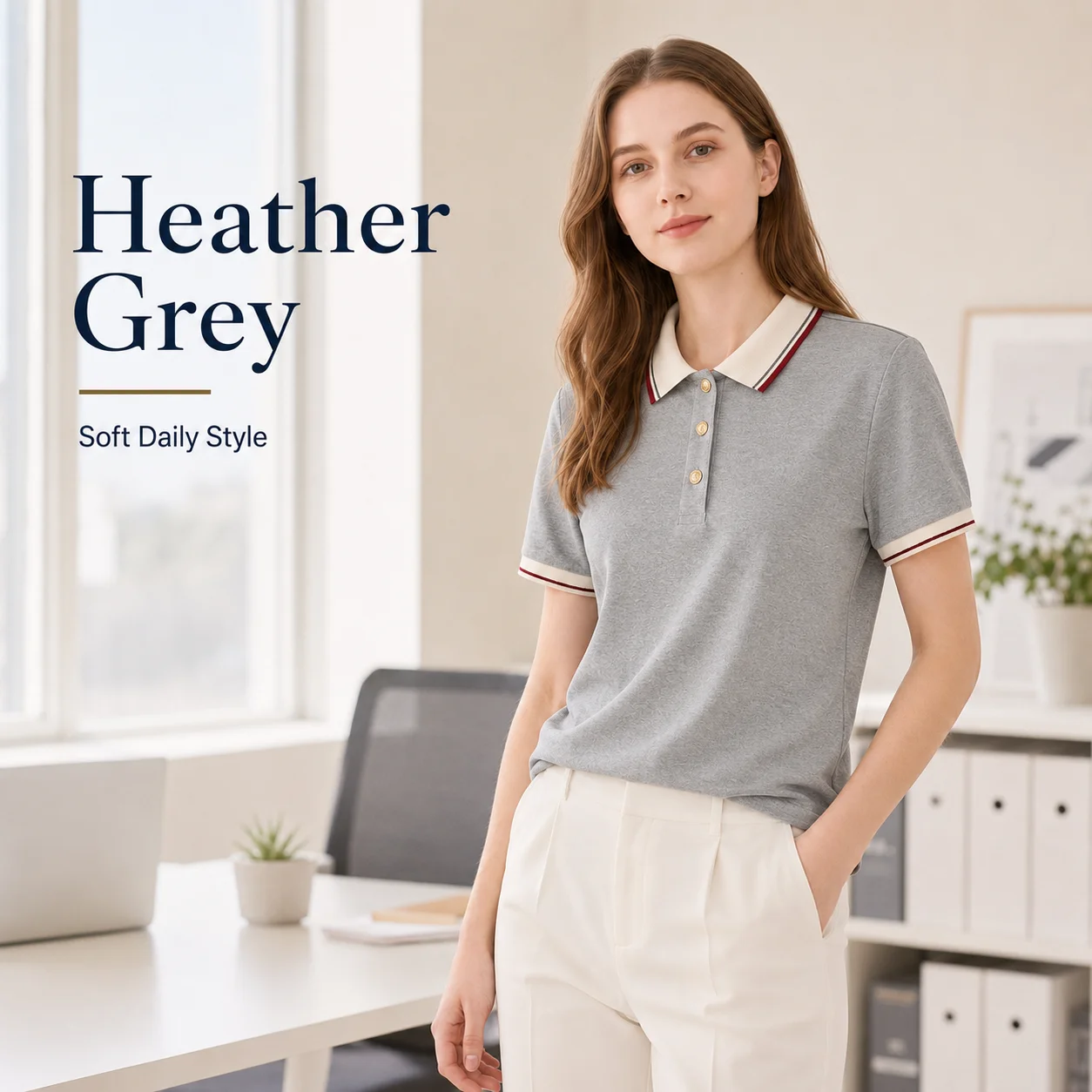 Women Cotton Polo Shirt Short Sleeve Contrast Collar Button Tee Summer Office Casual Tops Navy Grey S-2XL