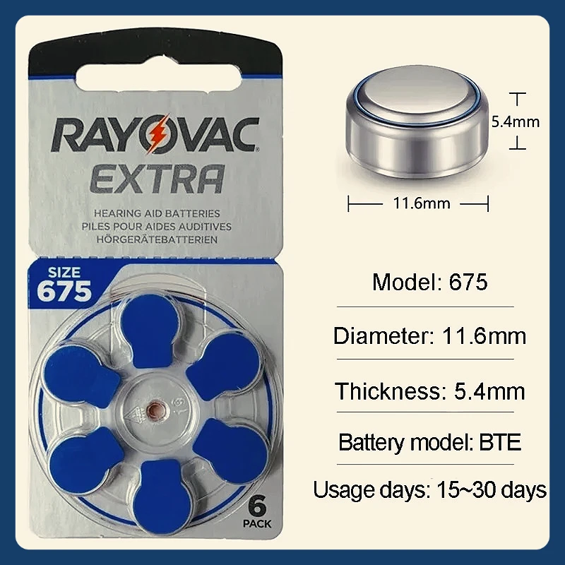 

Hot 60 PCS Hearing Aid Batteries Size 675 675A A675 PR44 Rayovac Extra Mercury Free Battery For Sound Amplifier Accessories