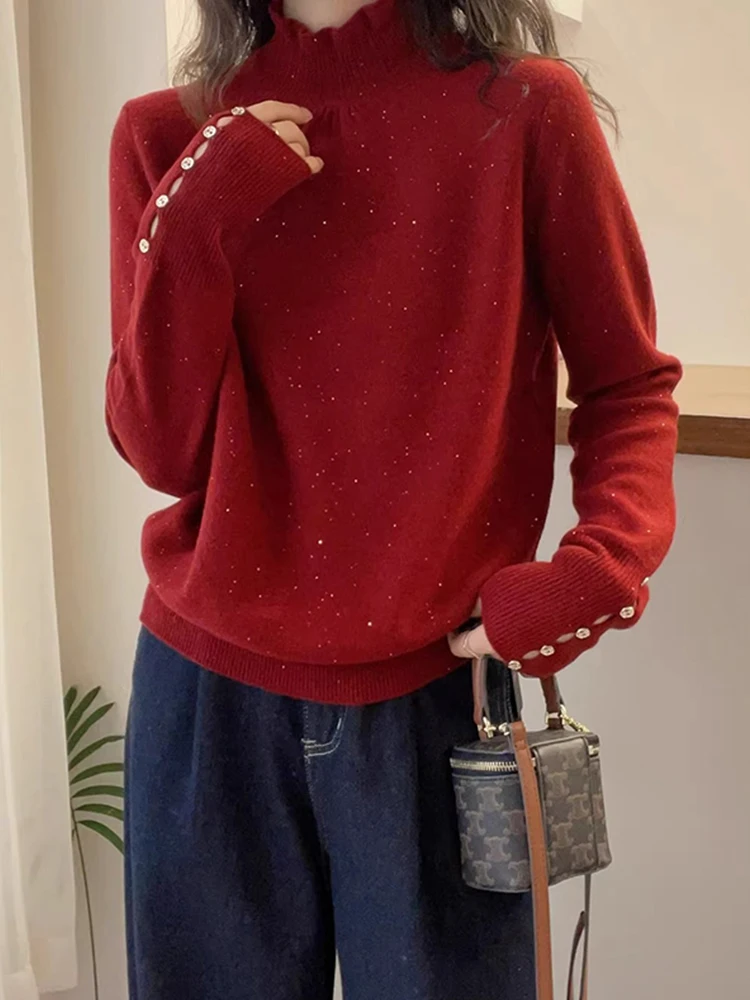 Chic High Collar Knitted Sweater Soft Cozy Light Maturity Style Overhead Base Slimming European Goods Sequin Top Women's Fashion