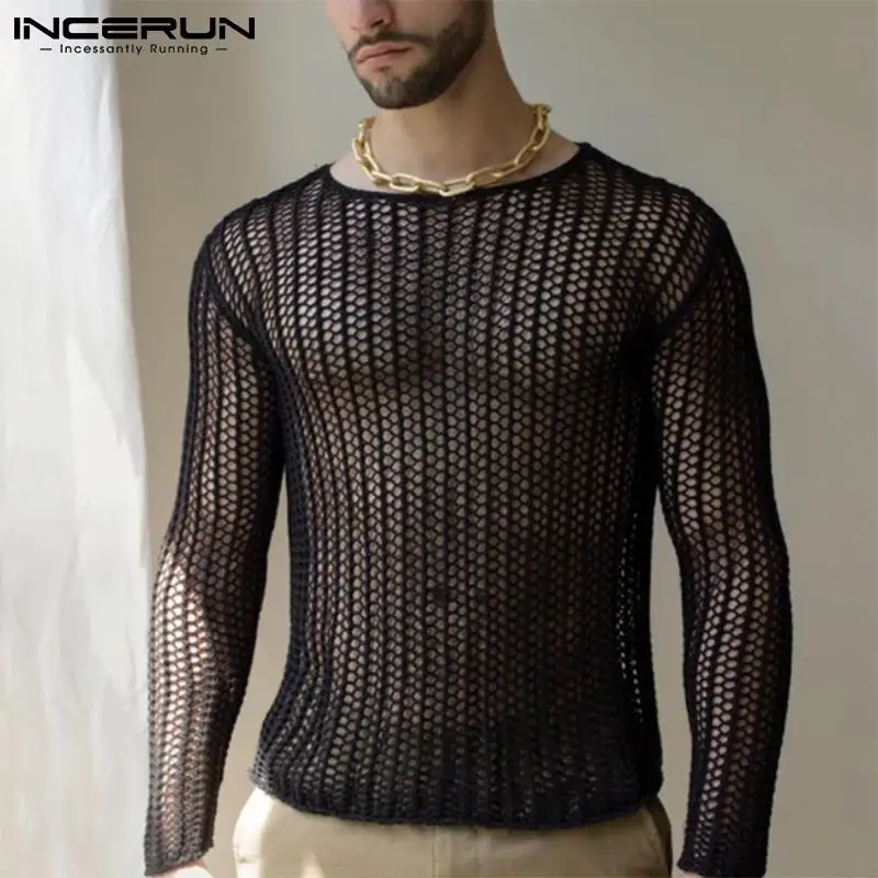 INCERUN Men Mesh T Shirt Transparent Sexy 2023 O-neck Long Sleeve Men Clothing Streetwear Solid Party Nightclub Camisetas S-5XL