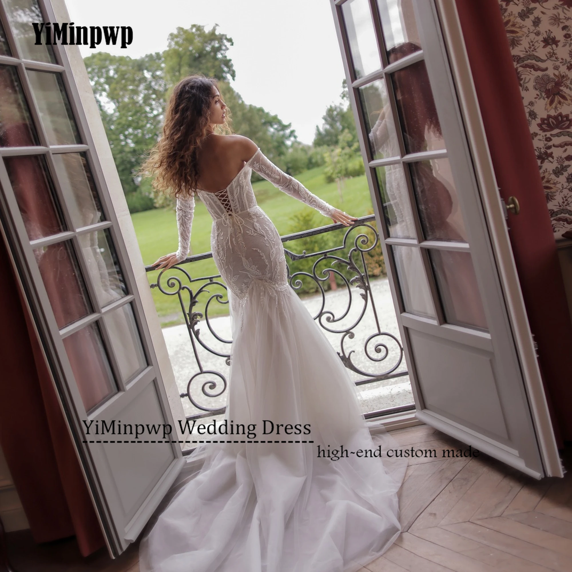 Sereia vestidos de casamento luxo appliuqe frisado mangas completas sem costas elegante vestido de noiva personalizado tule vestidos de noiva 2025