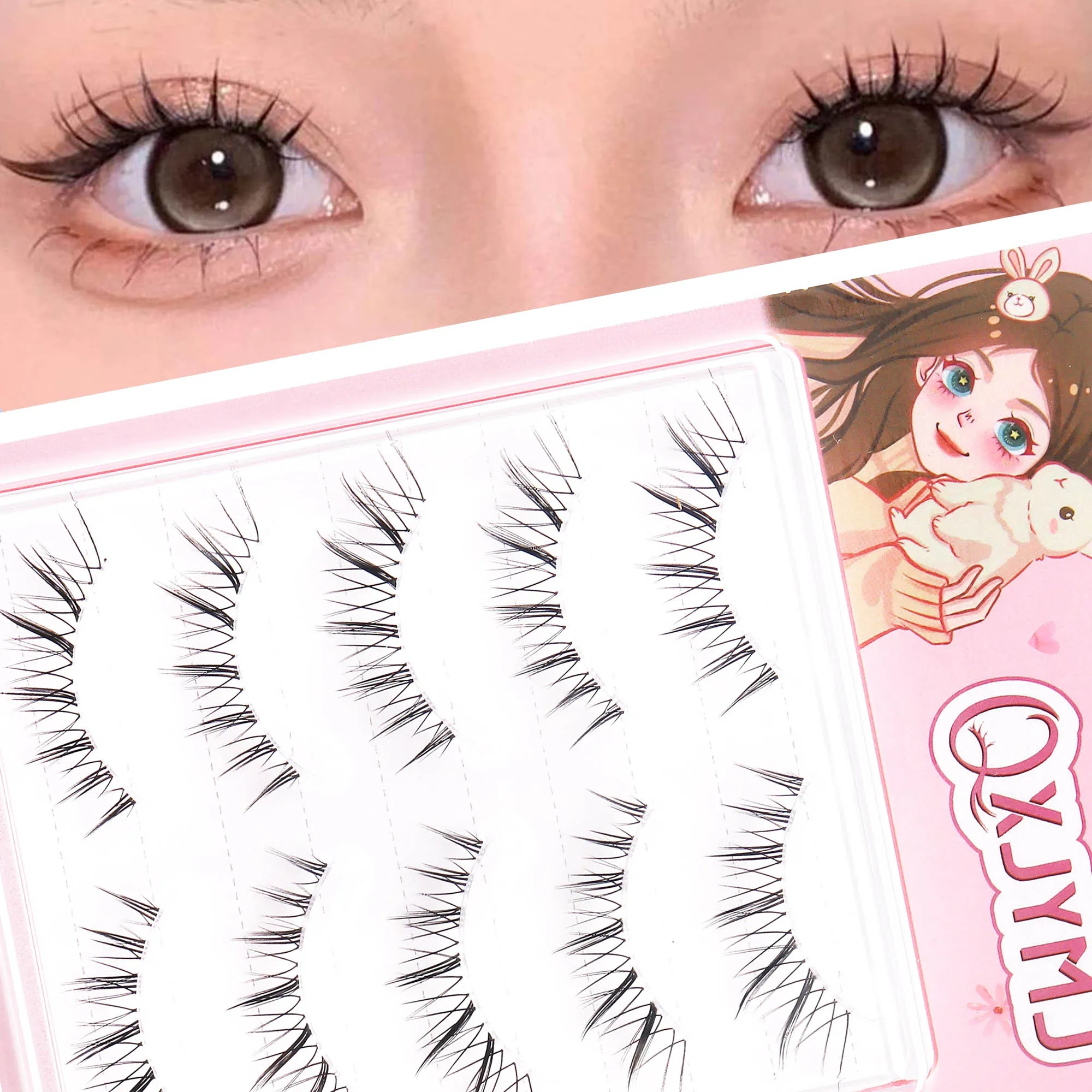 Piekerige individuele wimperclusters, schattige cartoonverpakking wimperset, natuurlijke pluizige valse wimpers, kerstcadeau, schattig klein cadeau