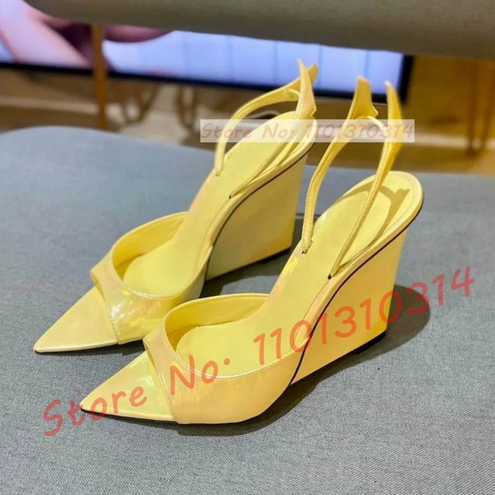 

Shiny Leather Pointed Open Toe Wedge Sandals Women Elegant Metallic Elastic Back Strap Sandals Ladies Trending Evening Shoes