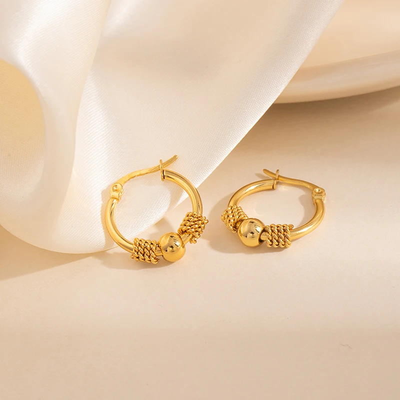ANENJERY 316L Stainless Steel Lucky Beads Hoop Earrings For Women Vintage French Personality Punk Jewelry Gifts Wholesale