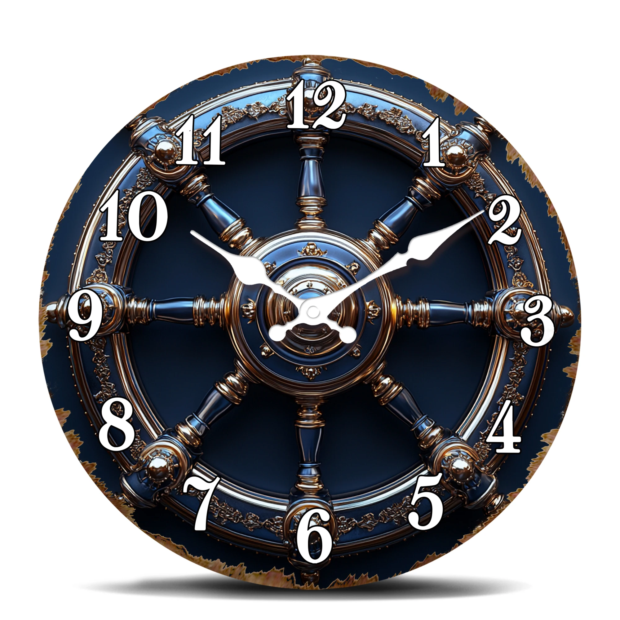 Nautische Schiffssteuerrad-Design Runde Wanduhr, Marine-Themen Dekorative Uhr mit Gold- und Blau-Akzenten, Vintage-Stil Wanduhr