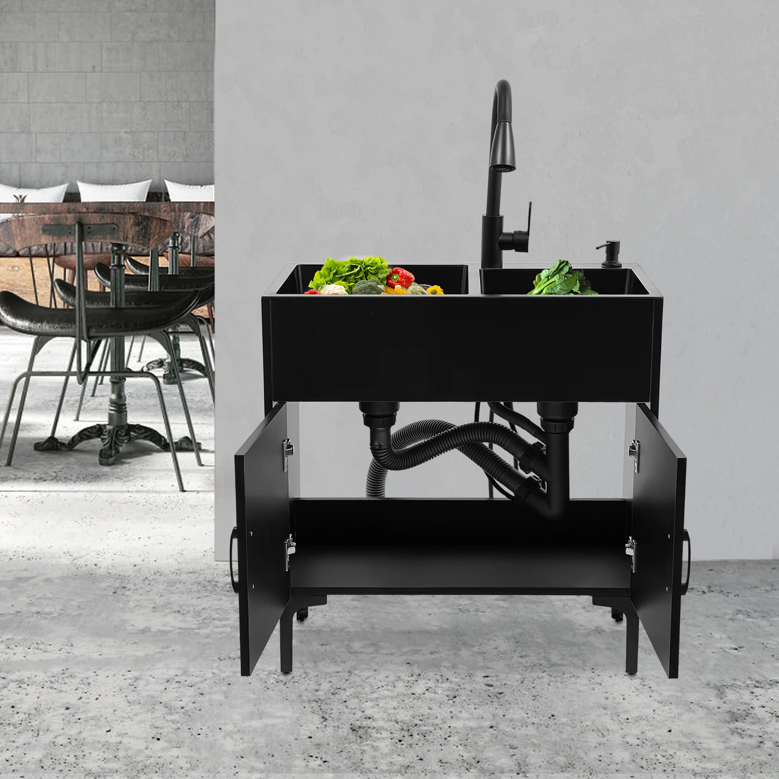 201 حوض غسيل من الفولاذ المقاوم للصدأ حوض غسيل مع حوض صنبور قابل للسحب مع خزانة للمطابخ والمطاعم ومحلات الحلوى #5