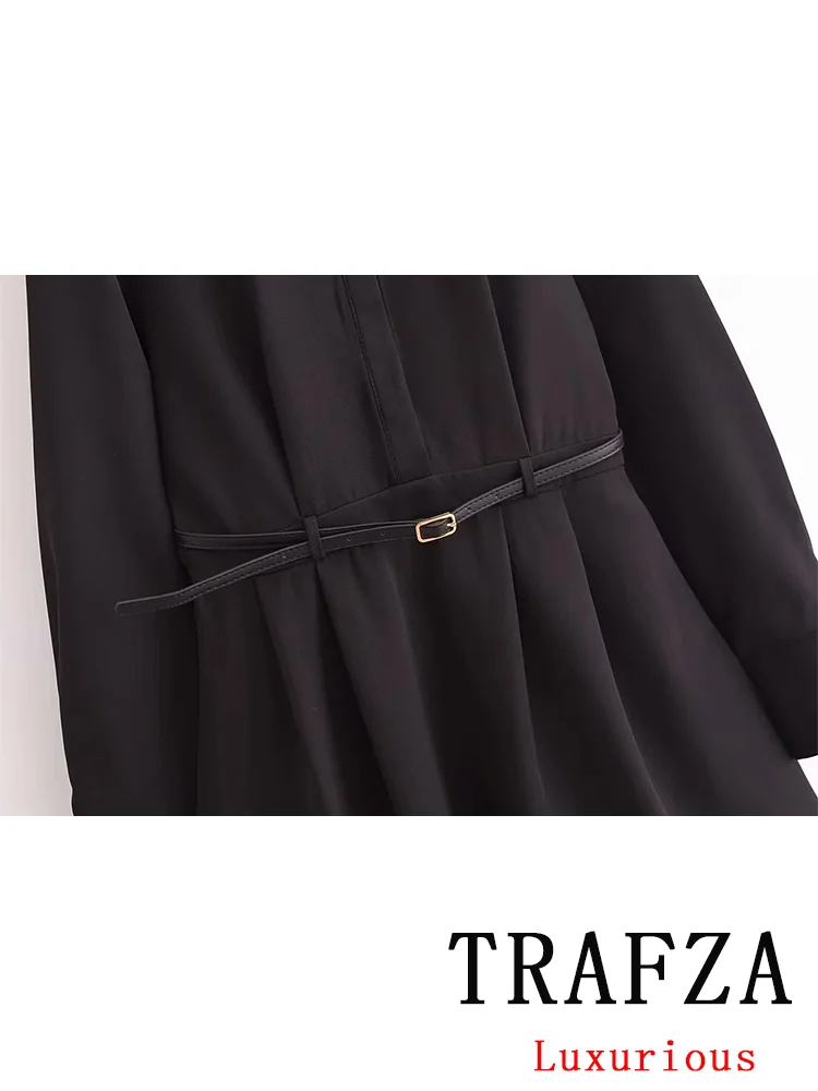 TRAFZA Vintage Casual Chic Women Dress Solid Long Sleeve Sashes Button Mini Dress New Fashion 2024 Autumn Winter Female Dress