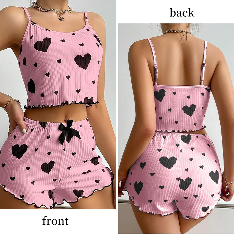 Ladies\' Summer Two-Piece Printed Ice Silk Suspender Pajama Set with Heart-Shaped Printed Bow Decoration Pajama Set