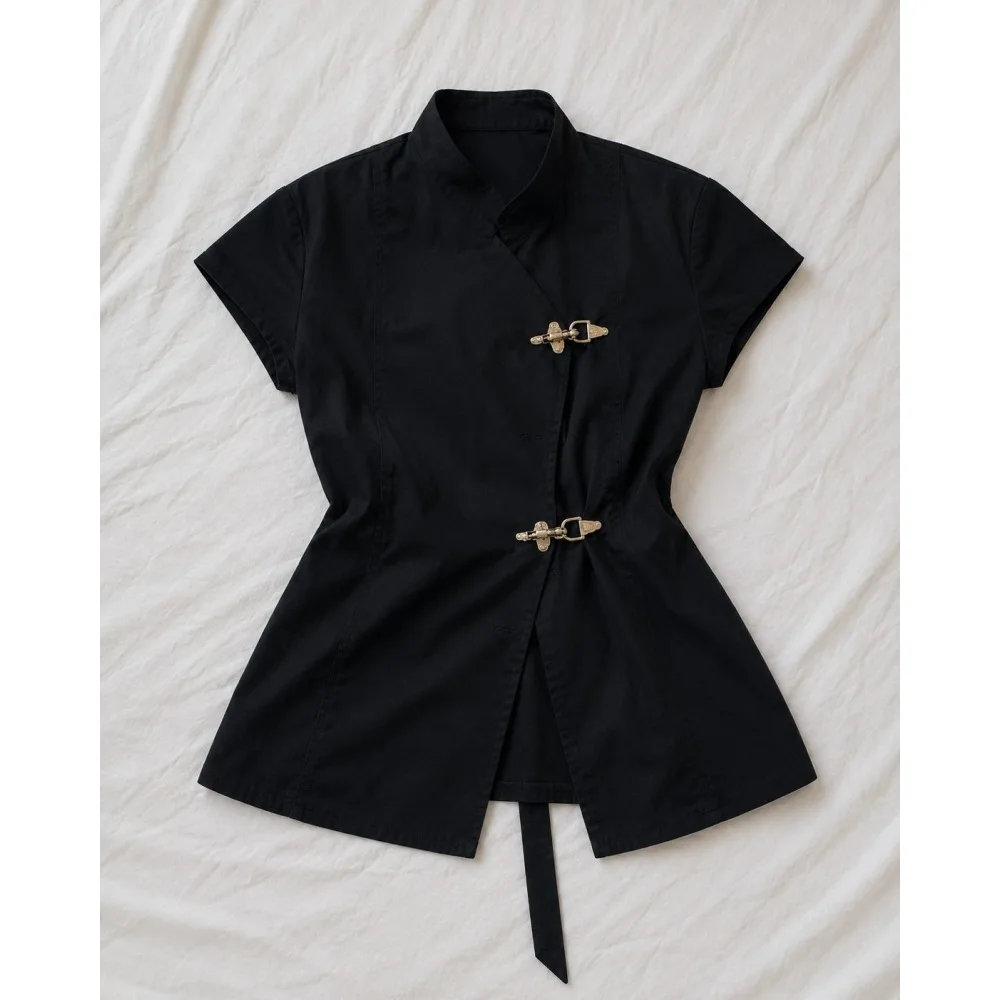 Women Chinese Style Stand Collar Short Sleeve Blouse Metal Buckle Front Slit Back Tie Slim Fit Cropped Top Casual Daily Wear