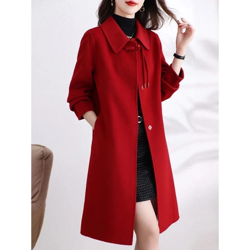 The new women's double-sided woolen cashmere coat is purely hand-sewn medium and long trench coat wool foreign high-end coat