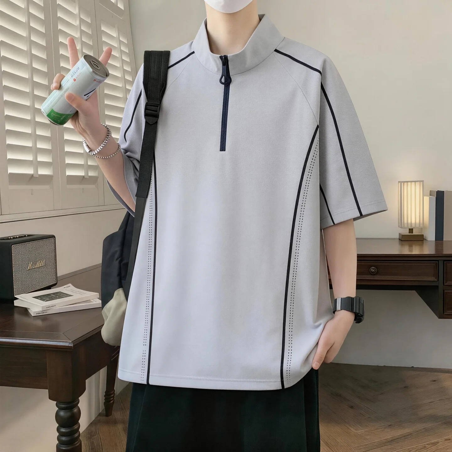 Summer New Style Men's Button-down Half-Zip Polo Shirt Loose American Youth Sport T-Shirt