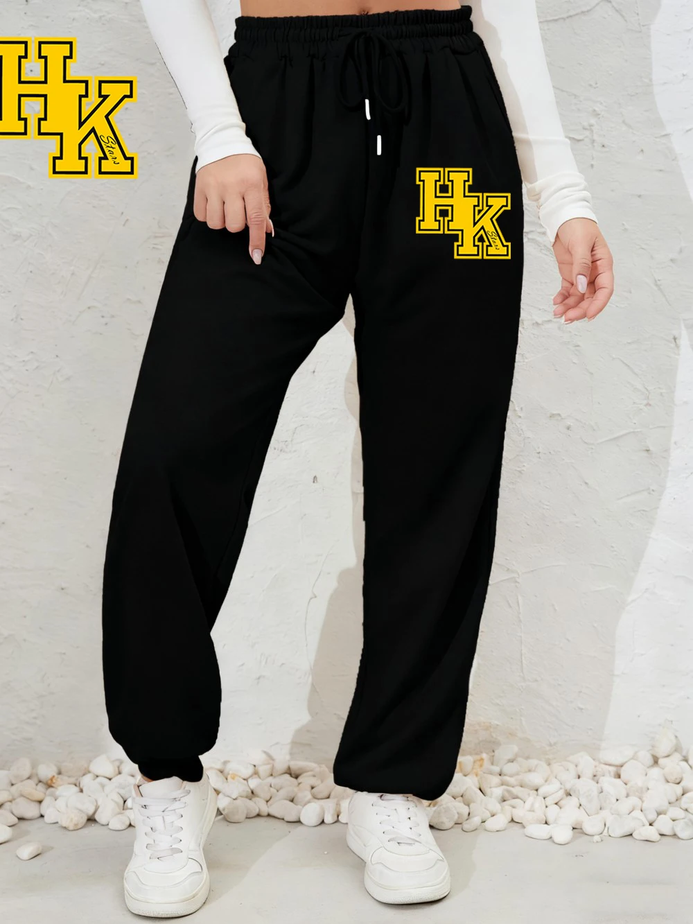 الوقوف رسالة بسيطة Hk مطبوعة Sweatpants النساء الخريف الشتاء بنطال رياضي الصوف فضفاض كل مباراة بنطلون ملابس امرأة غير رسمية