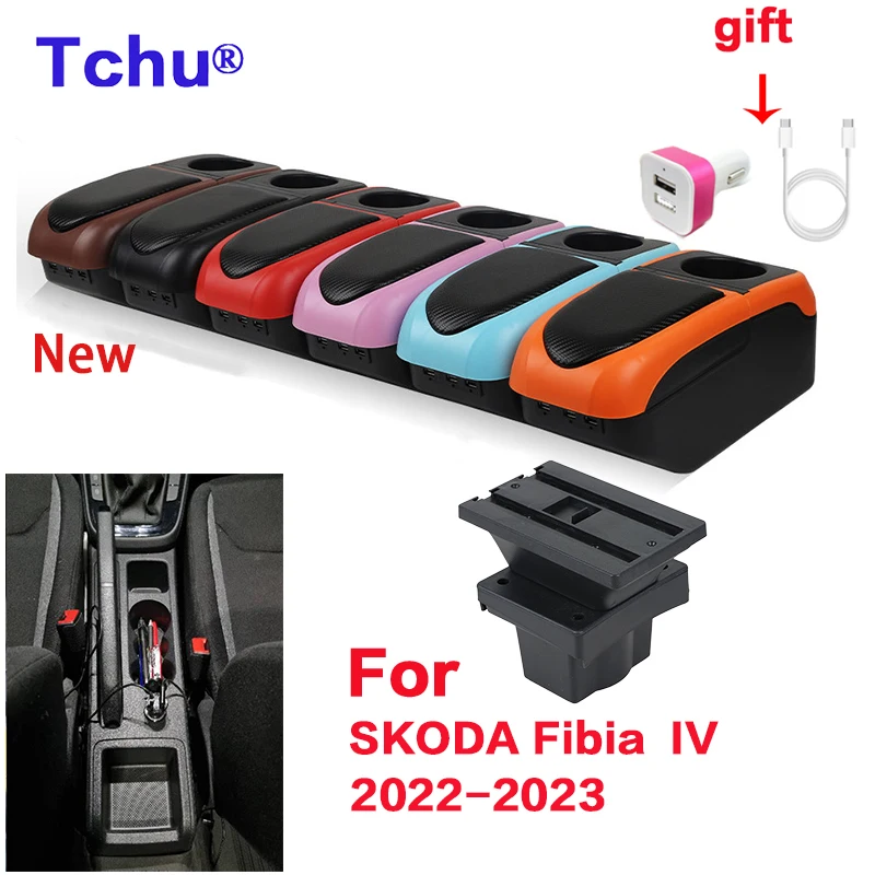 

For Skoda Fibia IV armrest box For Fibia car armrest box 2022-2023 Internal modification USB cup holder Car Accessories