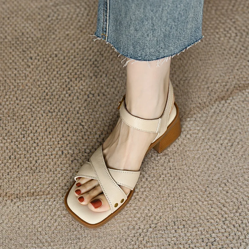 Sandals Straps Fashion Womens Shoes 2025 Cross-Shoes Suit Female Beige Med High Heels  Luxury Outside Comfort Black New Medium H