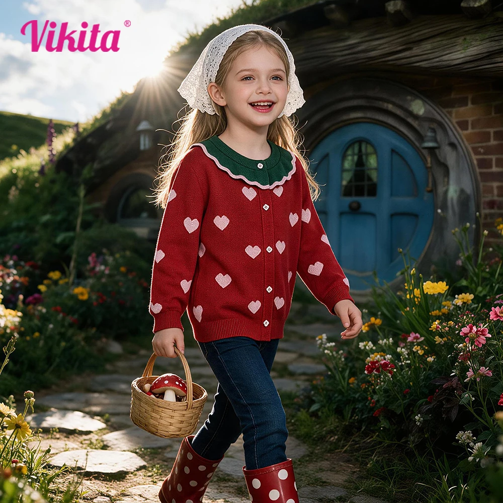 VIKITA Mädchen Weihnachten Rot Grün Strickjacken Teenager Herzform Druck Entzückende Gemütliche Stilvolle Warme Pullover Mädchen Outwear Geschenk Outfits