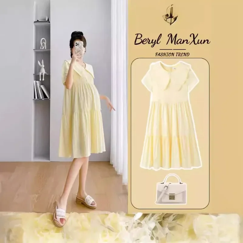 

Summer 2025 New Maternity Dresses Loose Doll Collar Fashion Pregnancy Dresses Solid Color Short Sleeve Maternity Wear