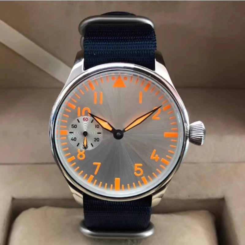 44mm Unlabeled Pilot Series ETA6497 Handrolled Mechanical Movement Retro Orange Silver Night Light Men's Watch