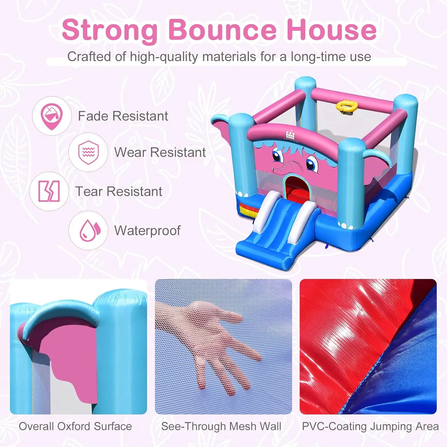Casa inflable de rebote, casa hinchable con tema de elefante para niños, diversión familiar para fiestas en interiores y exteriores con borde de baloncesto, portátil para niños pequeños