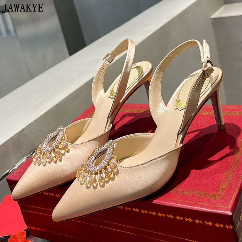 

2023 Summer High Heel Dress Shoes Pointed Toe Crystal Flower Satin Pumps Kitten Heel Nude Pink Slingbacks Designer Shoes Women