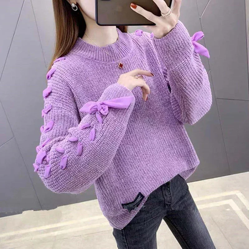 Purple Pullover Round O Neck Ladies Sweaters Knitted Top Women Promotion Korean Fashion Style Autumn Winter 2024 Clothes L275