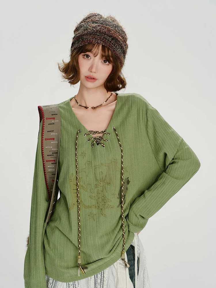 Harajuku Bandage T Shirt Women Vintage Streetwear Cartoon Print V Neck Tees Spring Long Sleeve Loose Casual Green Retro Tops New