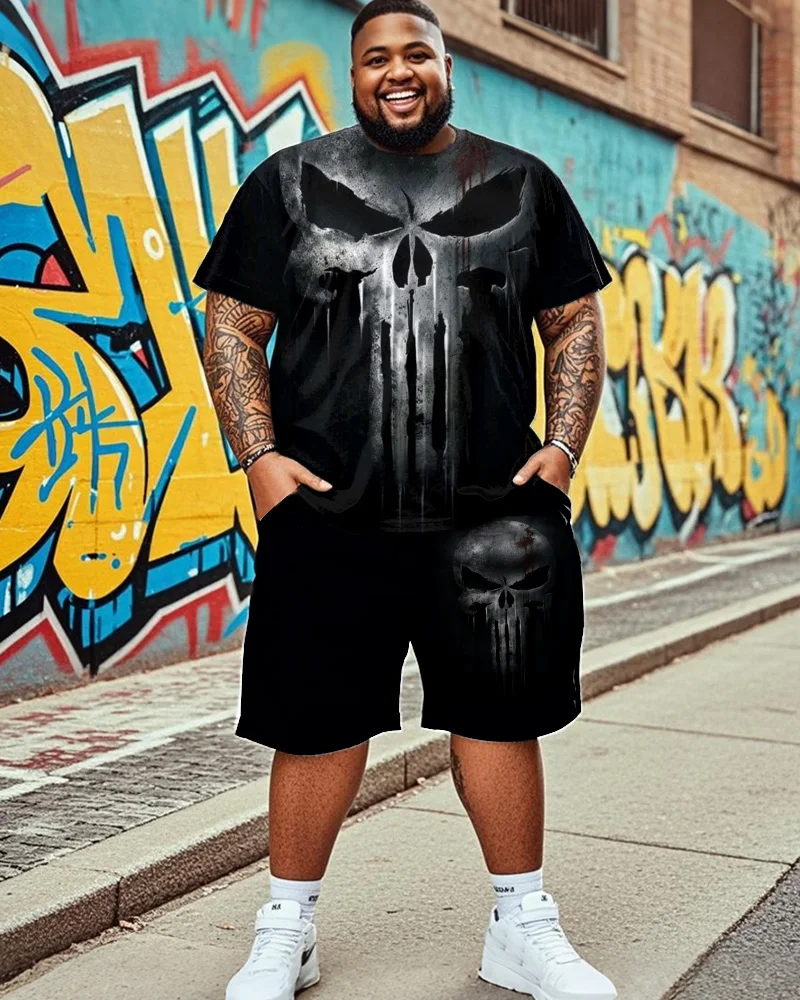 S-9XL Large Size Men's Suit - Skull Short-sleeved T-shirt and Shorts Two-piece Suit Pants