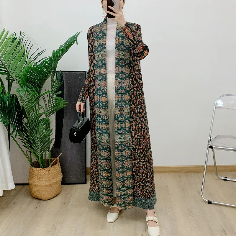 Miyake Pleated Turndown Collar Vintage Printed Long Sleeve Dress Women 2024 New Original Designer Abaya Fashion Classical Coats