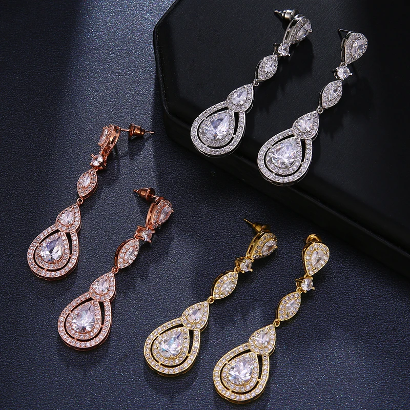 Elegant Fashion Cubic Zirconia Crystal Bridal Long Earrings Luxury Wedding Jewelry for Brides