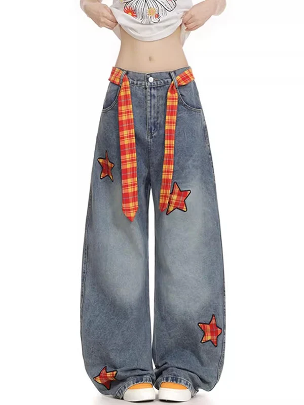

Ретро американские лоскутные джинсы с вышивкой в виде звезды и полумесяца, свободные широкие брюки с высокой талией, женские джинсы
