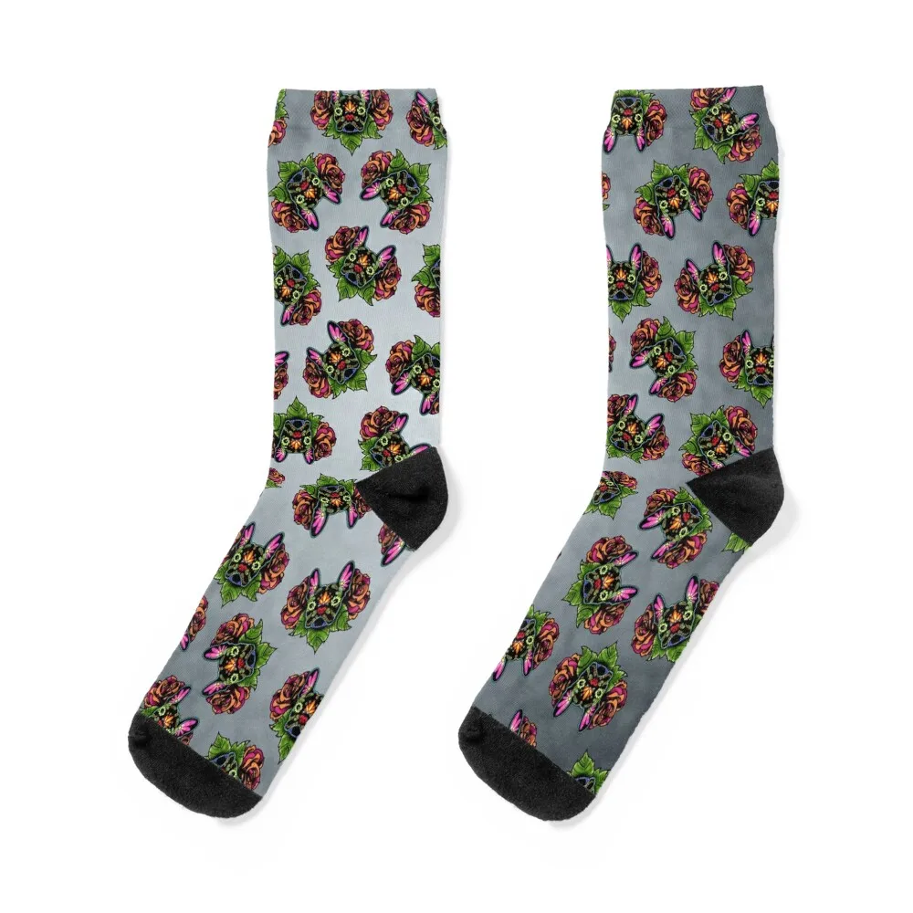 Day of the Dead French Bulldog in Black Sugar Skull Dog Socks japanese fashion compression kawaii halloween Woman Socks Men's