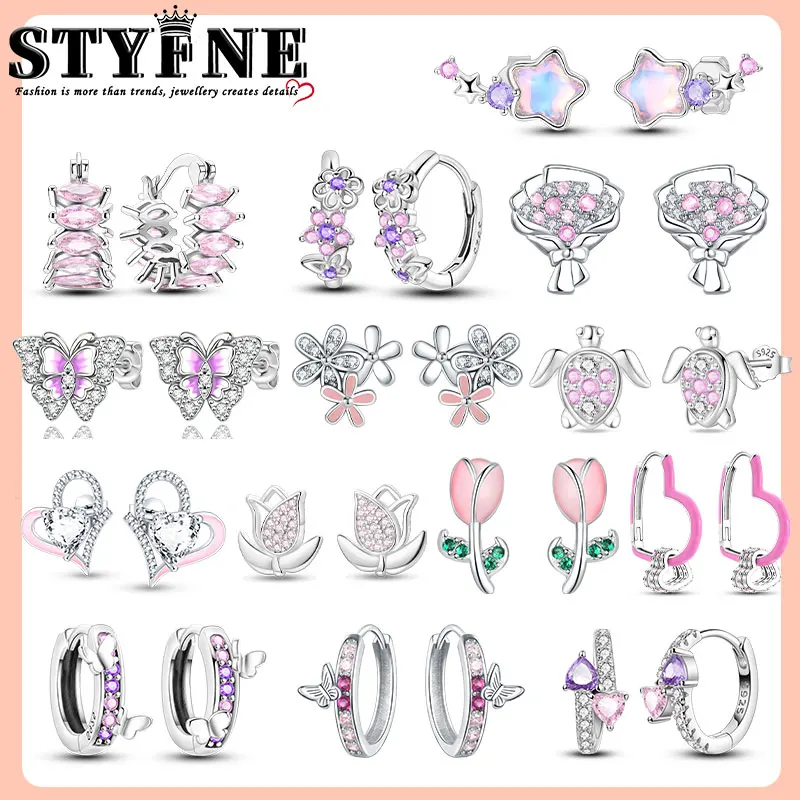 925 Sterling Silver Drip Tulip Earrings Pink Collection Adolescent Girl Style Original DIY Gift