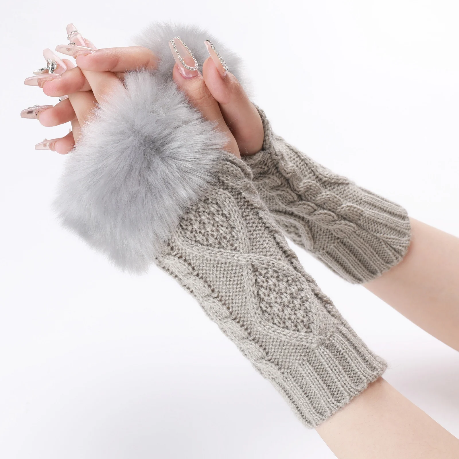 A Pair Of Women's Knitted Fingerless Gloves With Faux Fur Cuff, Warm Winter Fall For Ladies,  Cable Knit Arm Warmers For Cold