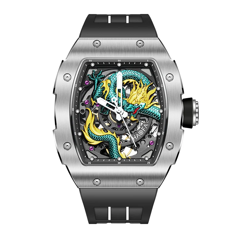 Haofa Stainless Steel Automatic Watch for Men 3D Dragon Sapphire Waterproof Self Winding Mechanical Watch Luminous Luxury 1968A