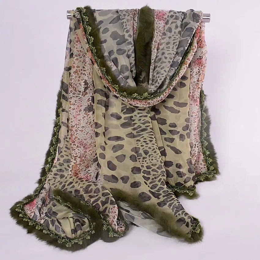 [BYSIFA]  Green Pink  Women Genuine Rabbit Fur Scarves Fashion Chiffon Large Silk Scarf Leopard Printed Winter Warm Scarf Shawl