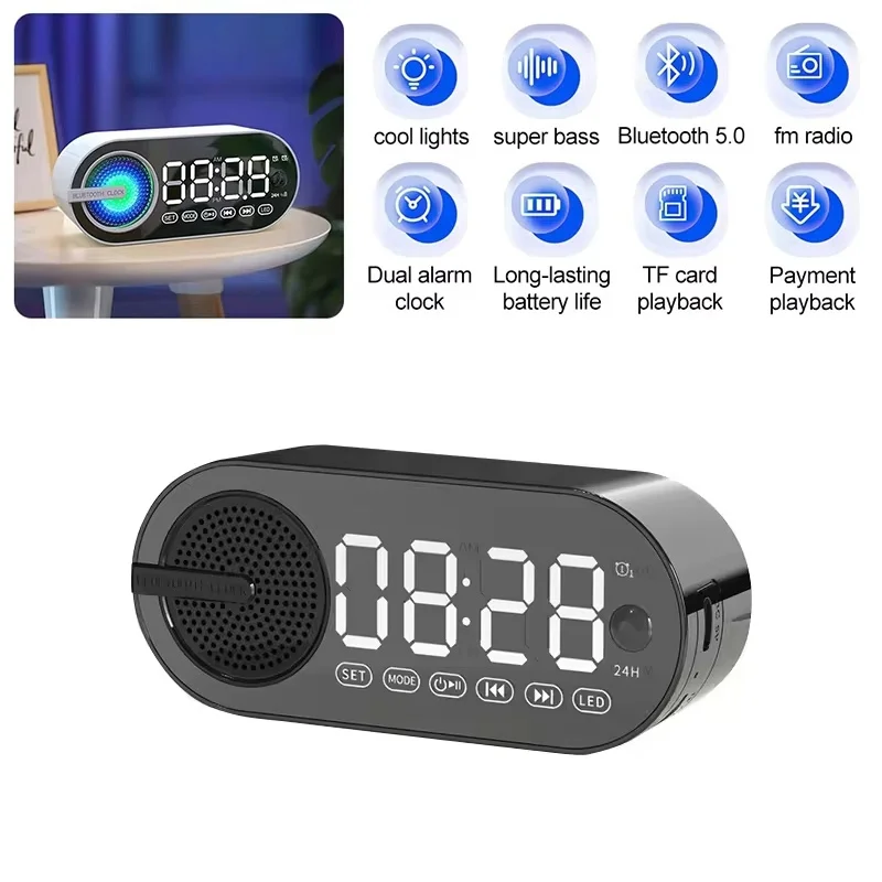 Radio Reloj Despertador con Carga USB, Altavoz Bluetooth Inalámbrico, Pantalla Grande, Silencio, Espejo Digital, para Habitación, Oficina, Escritorio, Caja de Música
