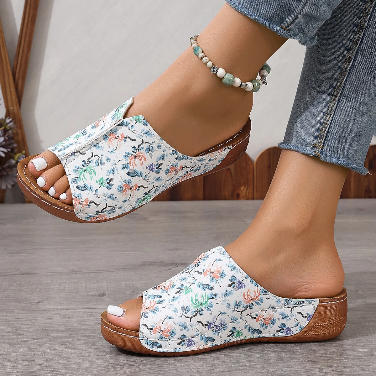 Fashion Floral Print Wedge Slides Sandals for Women Summer 2024 Comfortable Platform Slippers Woman Casual Beach Sandalias Mujer