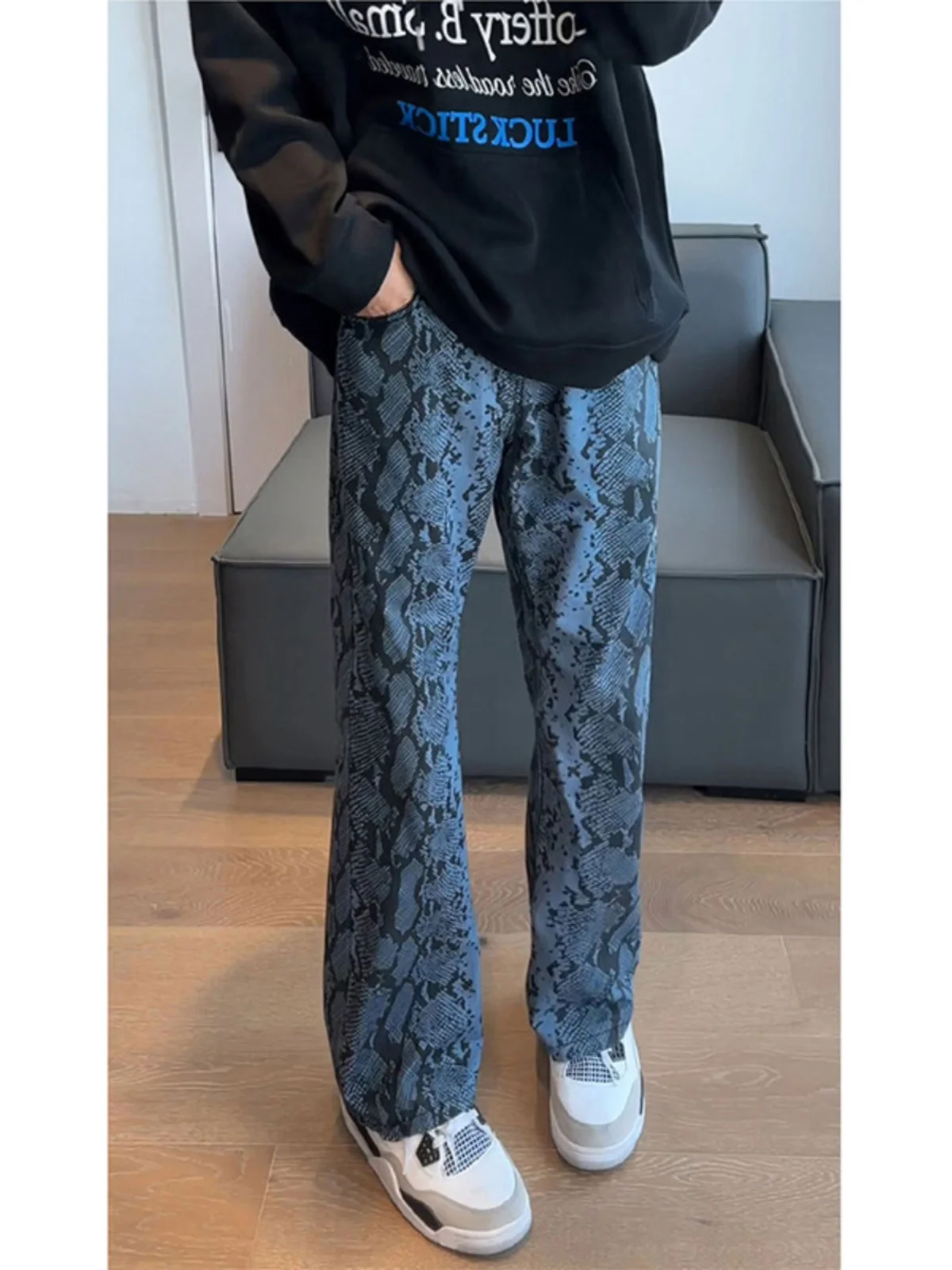 

American High Street Camouflage Snake Print Men's Straight Leg Jeans Trendy Design Sensation Pants Youthful ular Jeans
