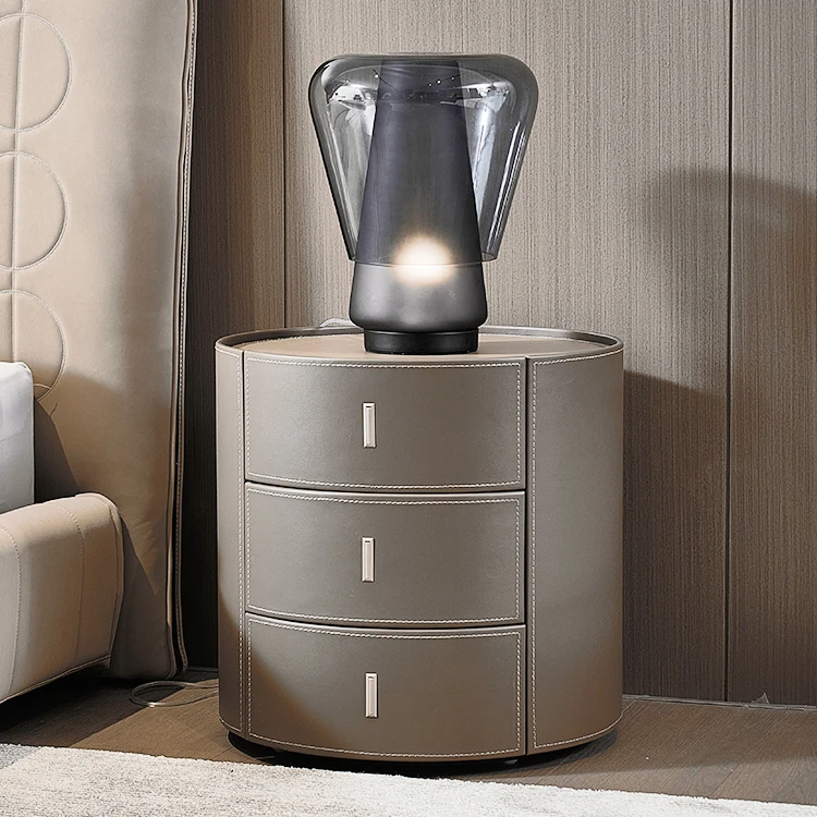 Bedroom Furniture Khaki Saddle Leather Wood Side Table 3 Drawers Bedside Table Modern Nightstands