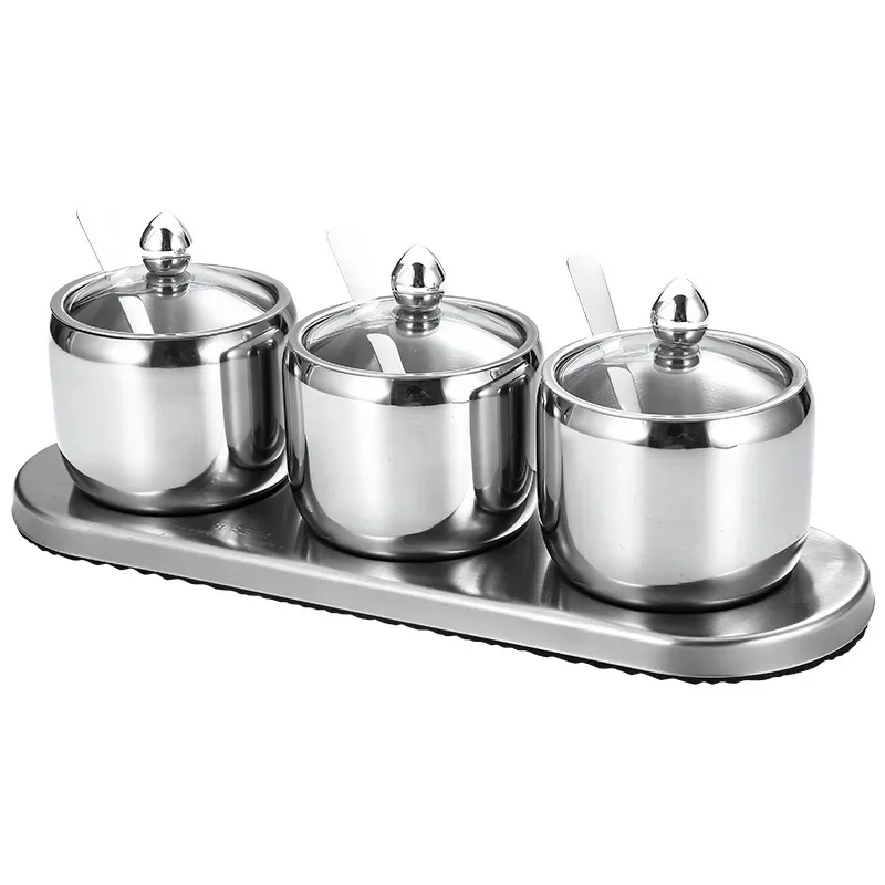 Stainless Steel Coffee Sugar Bowl Sugar Pot with Spoon Cup Cover Condiment Pot Spice Container Canister Home Kitchen Favors