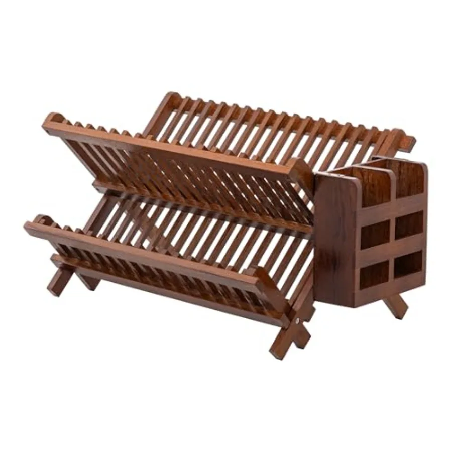 

Складная 2-ярусная сушилка для посуды из тика с дренажем и держателем для столовых приборов