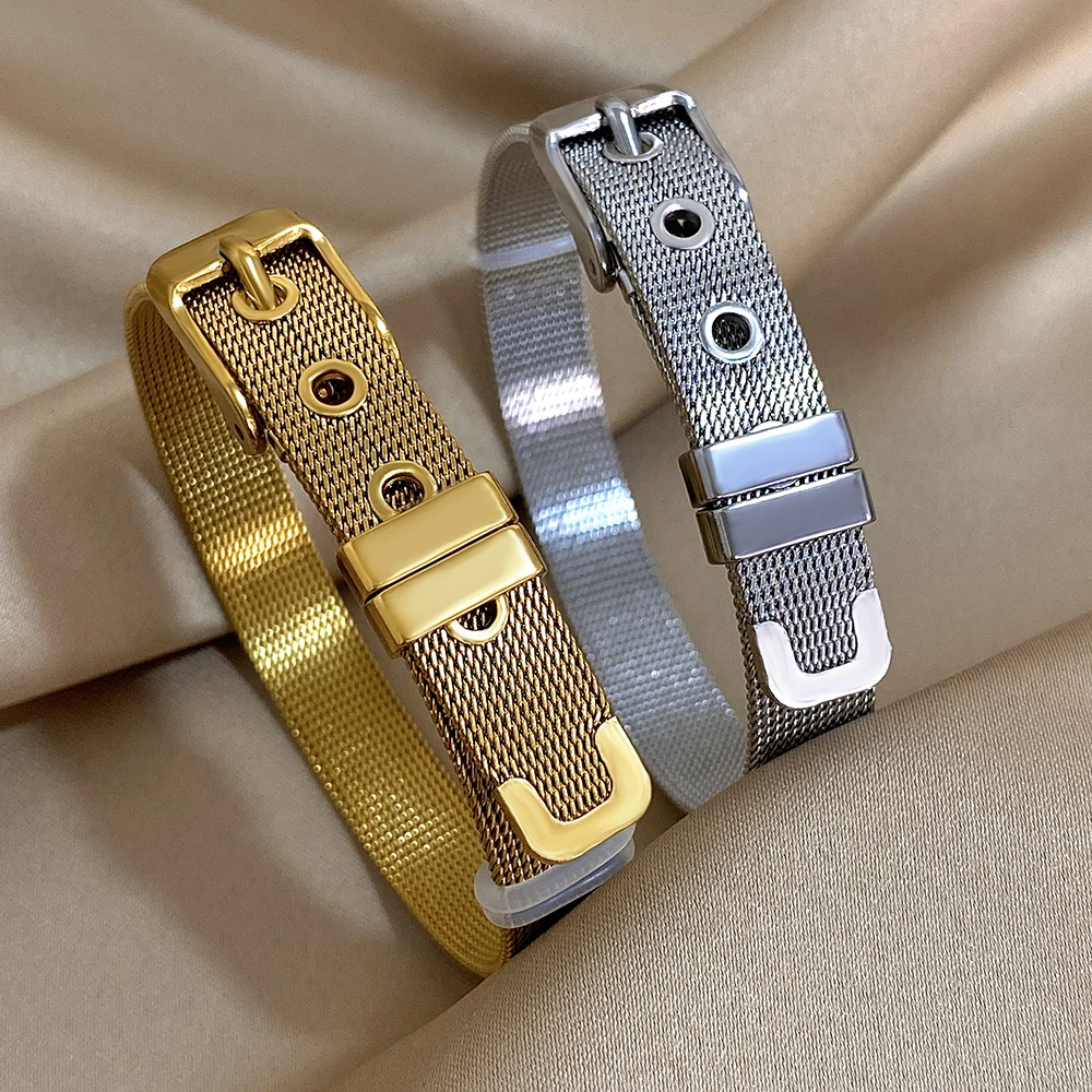 AENSOA Classic Belt Shape Stainless Steel Bracelets for Women Men Statement Gold Plated Metal Bangle Unisex Wristband Jewelry