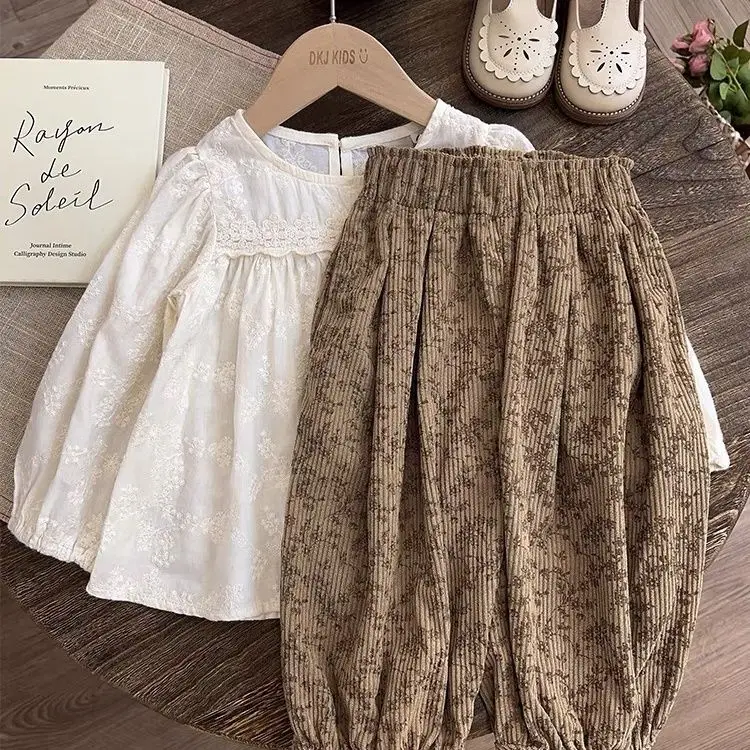 Girls Spring and Autumn 2024 New Style Fashion Children Jacquard Top Plus Floral Trousers Girls Baby Autumn Suit Casual