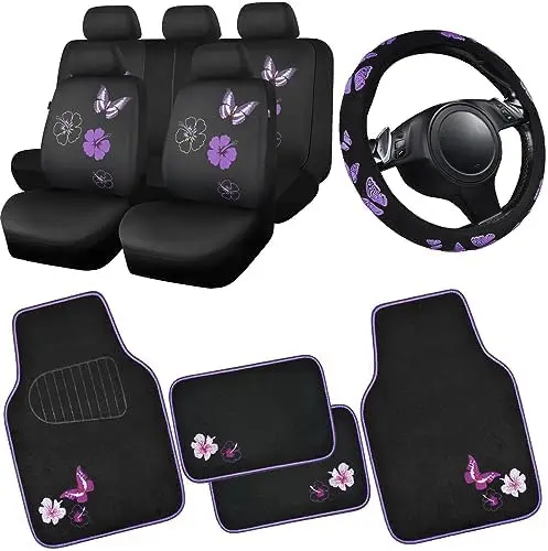 

Комплект чехлов для автомобильных сидений и ковриков CAR PASS Black & Purple – водонепроницаемый, с вышивкой, полный комплект для салона автомобиля