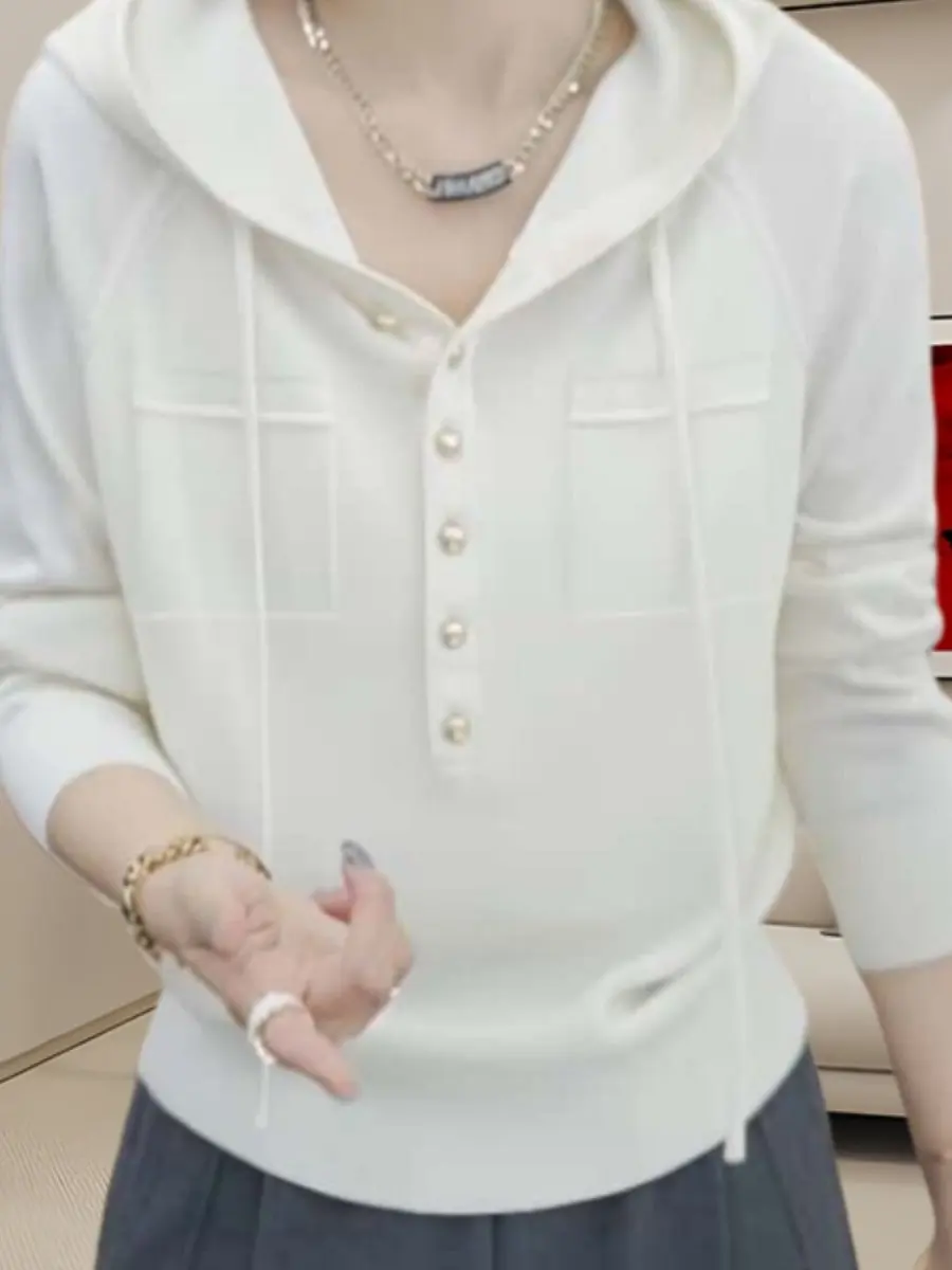 

Spring 2026 Women's Knitted Hat Long Sve Semi-Open Collar Versatile Faionable Top Korean Sle Regular Fit Single Piece