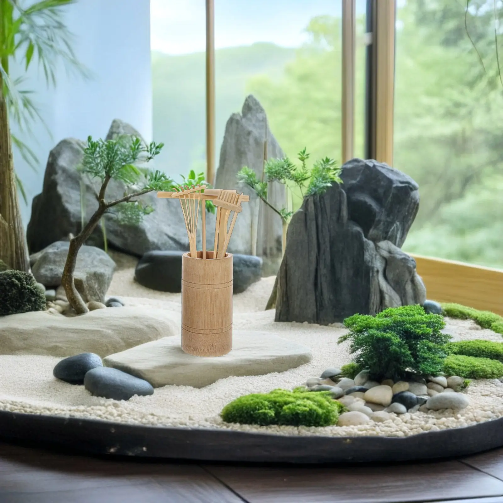 

Набор миниатюрных бамбуковых садовых инструментов для дзен-медитации: грабли для песка, декор для стола, для расслабления и медитации дома и в офисе