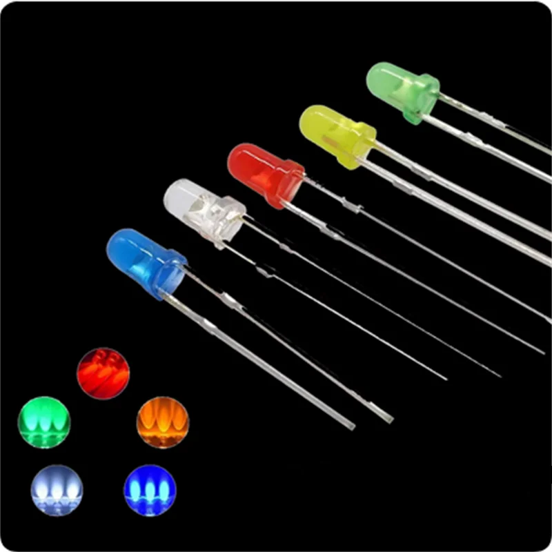 100PCS 3mm LED Diode 3V Multicolor Lamps White/Red/Yellow/Green/Blue Light Emitting Diodes Electronic Component