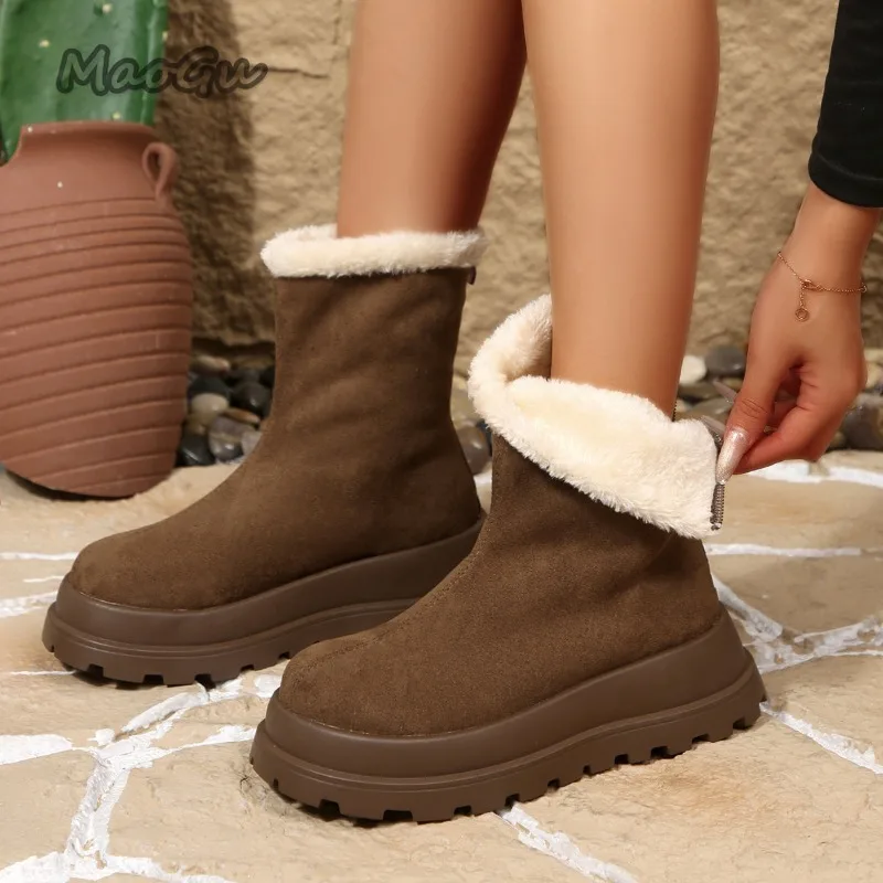

Thick Sole Fleece Snow Boots Women Winter Plush Warm Height Increasing Short Boots Plus Size Furry Cotton Shoes Slip-on Botines